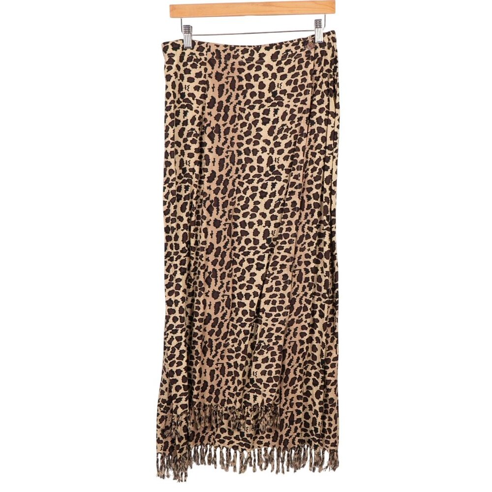 Leopard Print Wrap Skirt M Womens Y2K Fringe Hem Zashi Indie Safari 90s Modest